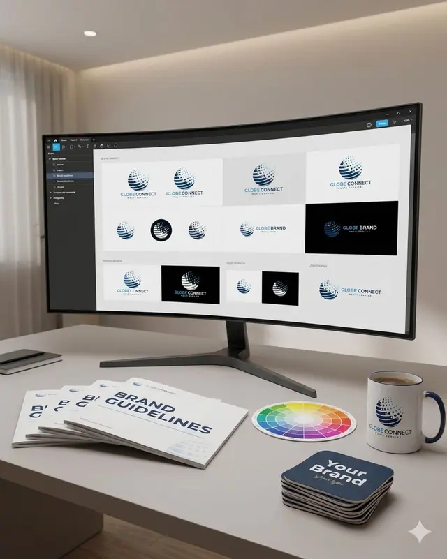 Illustration : logo et charte graphique Globe Connect affichés sur écran, avec brand guidelines et mug personnalisé