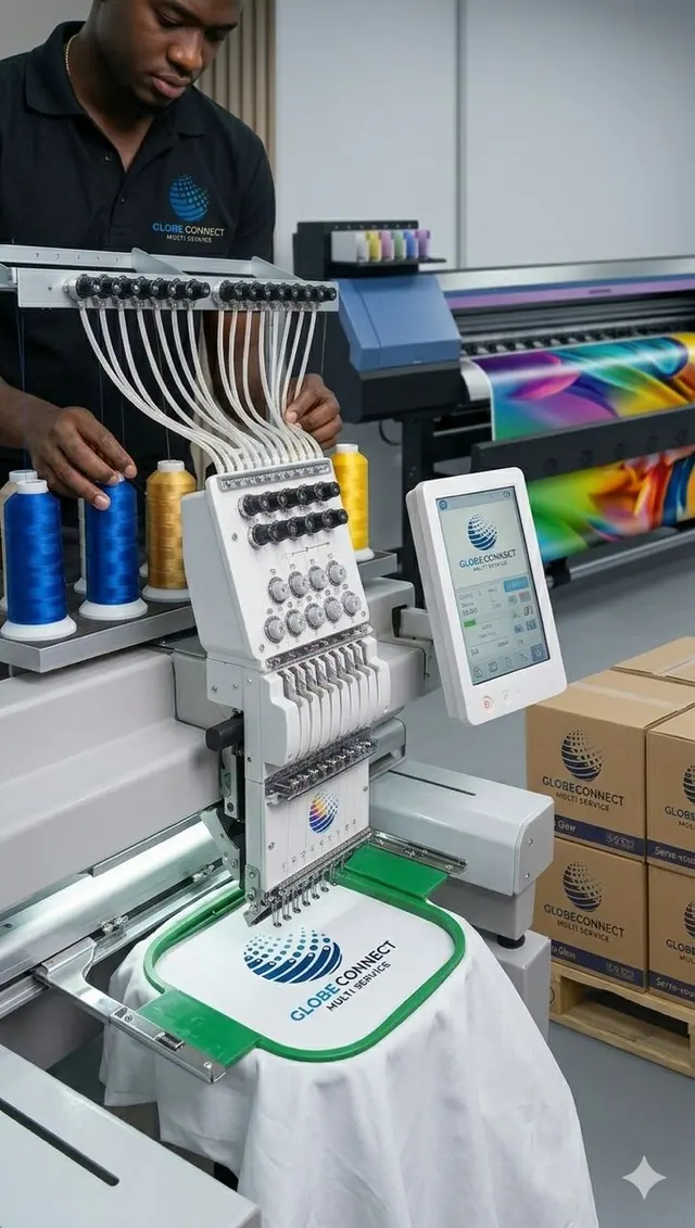 Illustration : machine de broderie à plusieurs têtes brodant un logo sur un t-shirt