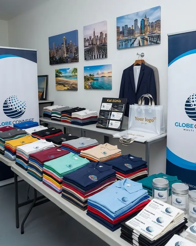 Illustration : showroom Globe Connect avec t-shirts, vestes et articles personnalisés