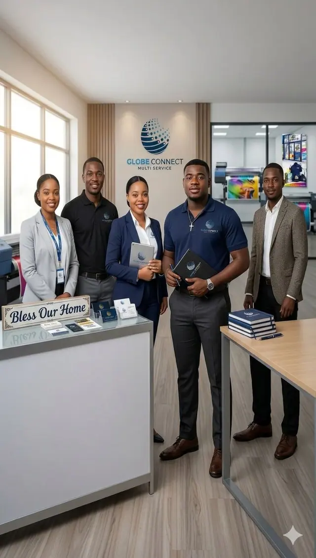 Illustration : accueil de Globe Connect Multi Service avec une équipe en tenue professionnelle